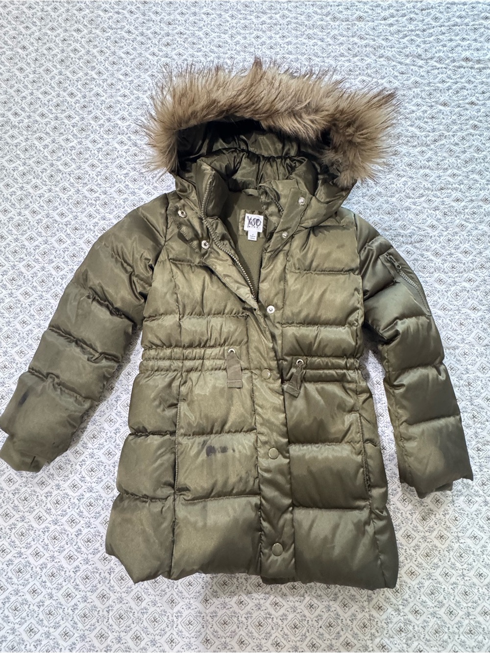 GAP Olive Green Kids Puffer Coat with Faux Fur Hood